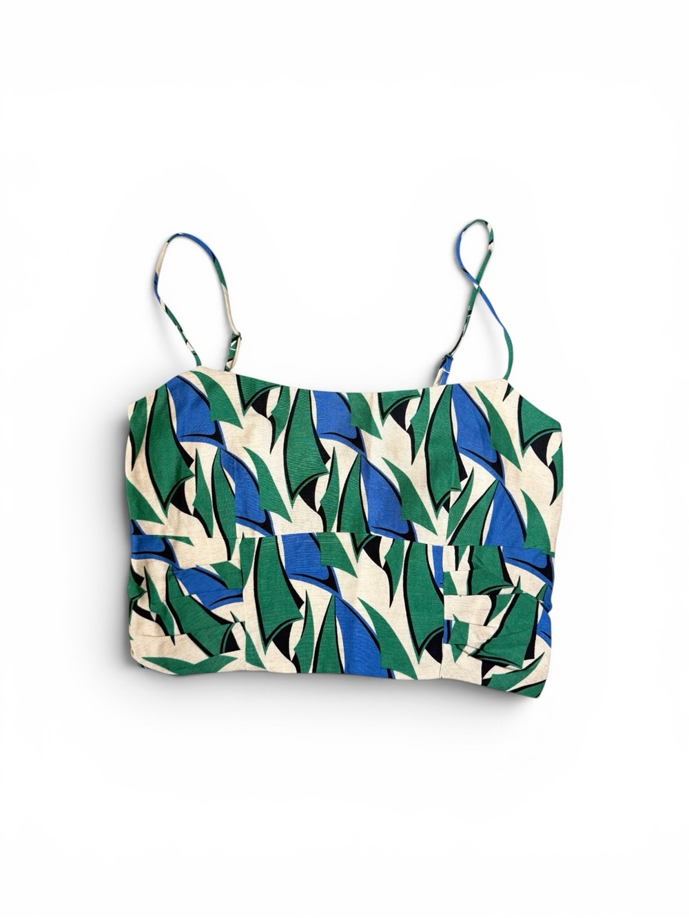 Zara Blue & Green Leaf-Print Smocked Top
